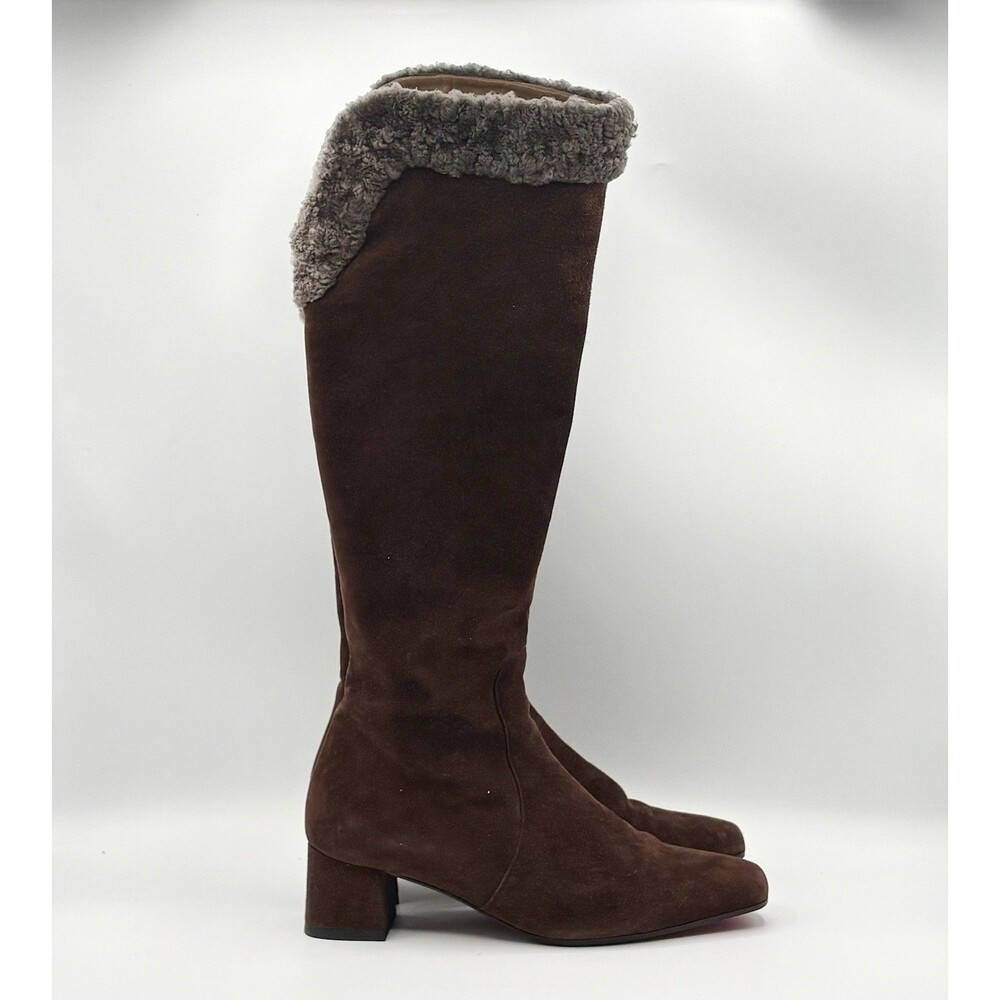 Christian Louboutin Brown Suede Knee High Boots Sheepskin Accent Size EU 36.5